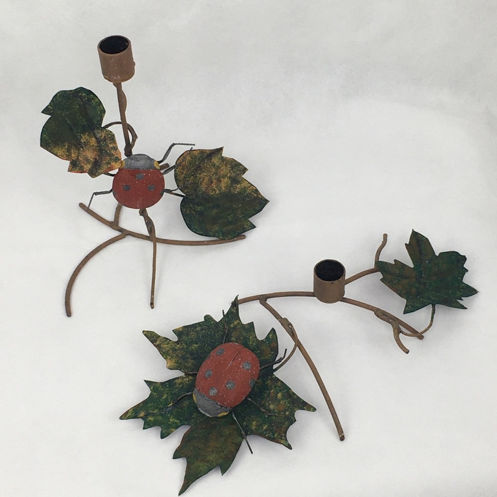 Ladybug & Leaf Metal Candle Holder Set